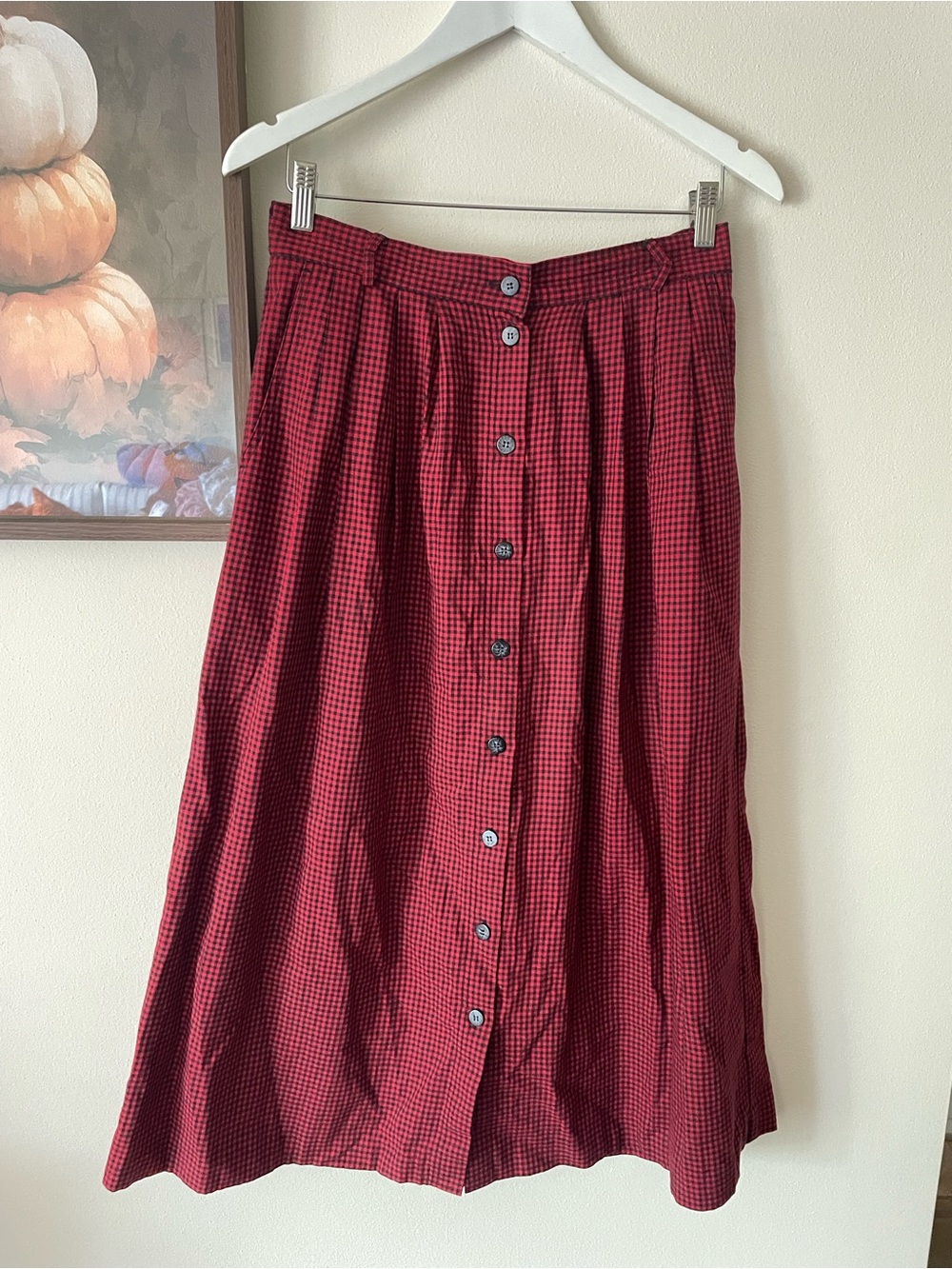Susan Bristol 90s Vintage Red & Black Gingham Button Front Midi Skirt Size US 8